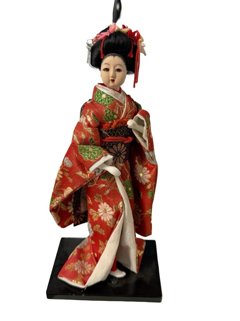 Vintage Japanese Geisha Doll in Red Floral Kimono on Wooden Base 9" Collectible